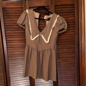 Zara Peter Pan Collar Brown Plaid Dress with White Lace Trim